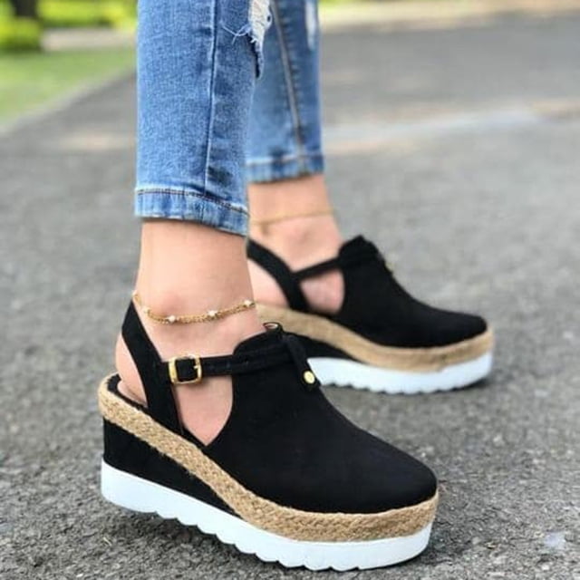 Sandalias de mujer, zapatos planos de fondo grueso de paja con correa de hebilla de cuña Vintage, zapatos femeninos Wmkox8yii sa1421