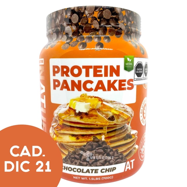protein pancake mix chocolate chip 700 g about time mezcla para hot cakes sabor chocolate chip 700 g About Time, envase naranja frontal con pila de hot cakes con mantequilla, jarabe y chispas de chocolate en la etiqueta, leyendas visibles: 22 g proteína, 29 g carbohidratos, libre de gluten y endulzado con stevia; también suele usarse para preparar porciones individuales rápidas para desayuno en plan de entrenamiento.