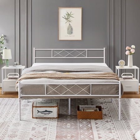 VECELO 3-Piece White Bedroom Sets Include Full Bed Frame + 2 Nightstands