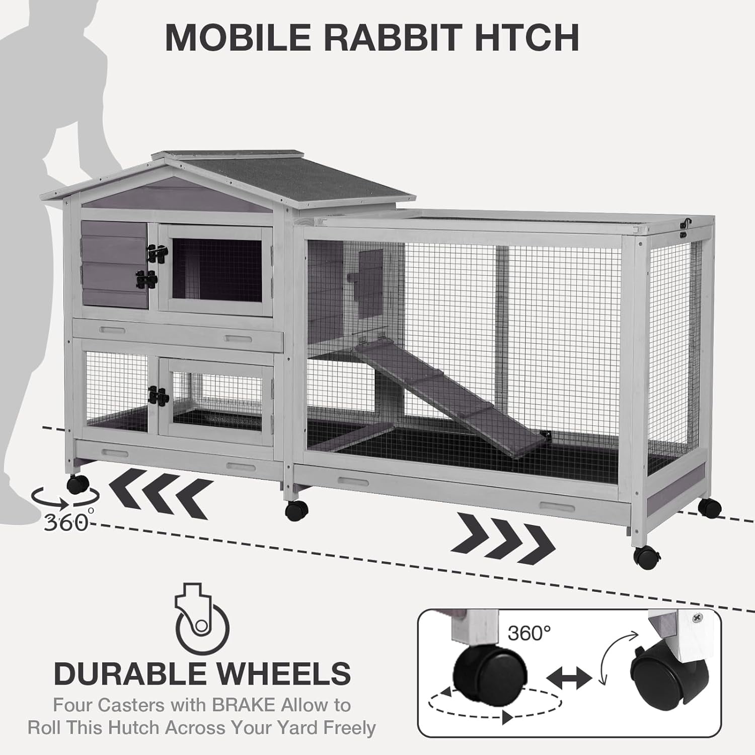 Aivituvin 2-Story Indoor Rabbit Hutch with Chew-Proof Outdoor Rabbit Cage with 6 Locking Casters Bunny Cage 2 Pull-Out Trays Guinea Pigs Cage 62" Gray