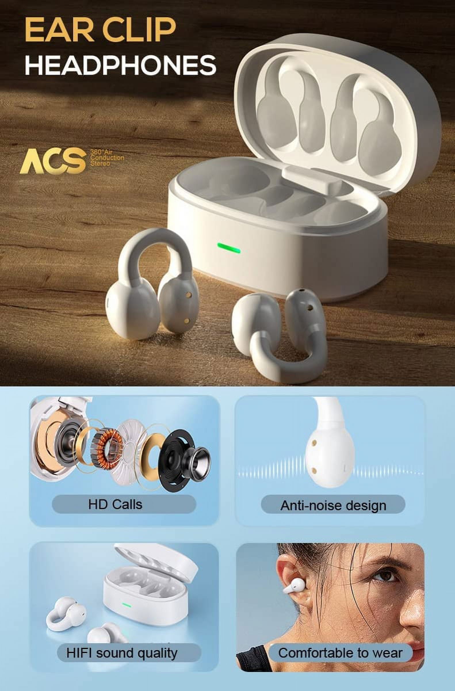 Bluetooth Earbuds Wireless Ear-Clip TWS Earphones for Google Pixel 8a/6a/6 Pro - True Stereo Charging Case Hands-free Mic Headset