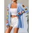 thumbnail image 3 of 2025 Boho Floral Pattern Crochet Open Front Long Sleeve Casual Knit Cardigan Sweater  Blue L, 3 of 7