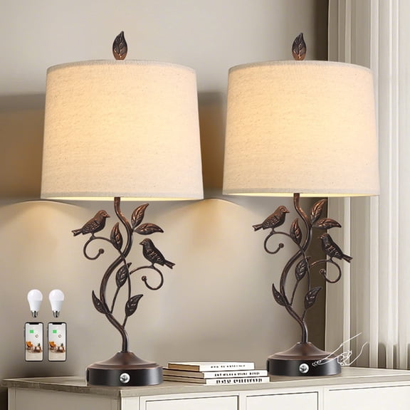 JUJUYUYOP 27"Rustic-Style Black Table Lamps Set of 2, with Dual USB Charging Ports and Linen Shades, Perfect for Bedside Tables, Living Rooms, and Home Offices