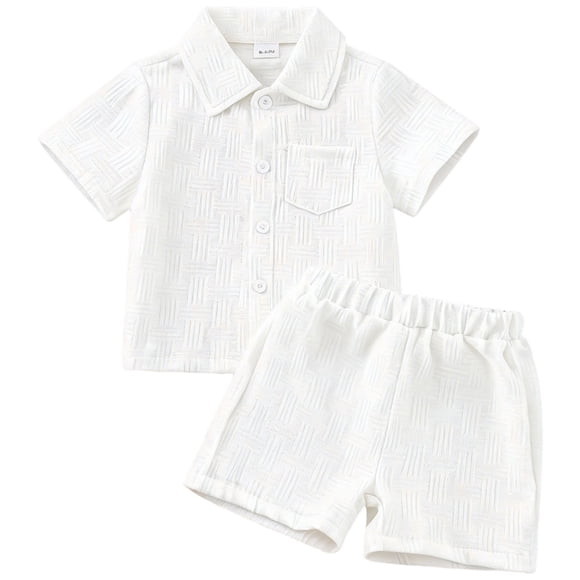 Pimfylm Outfits Baby Boy Toddler Boy Outfit Button Down Shirt Short Sleeve Tops Elastic Waist Shorts Solid Baby Clothes Summer Outfits White,Size for 12-18 Months