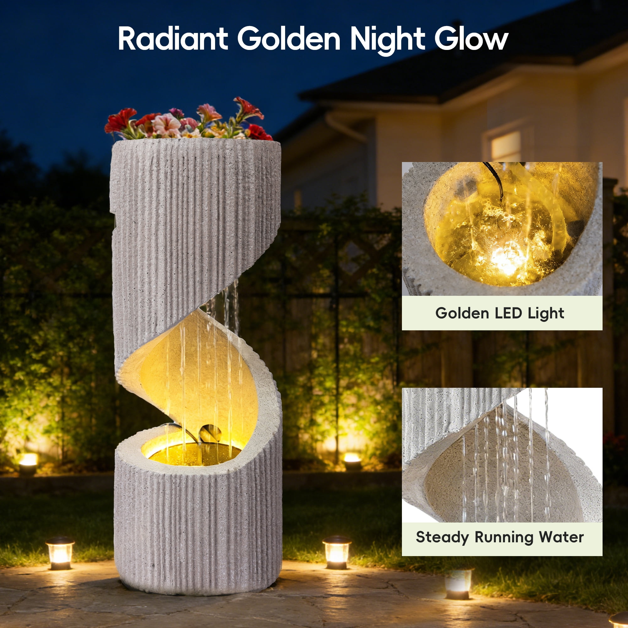 30" S-Shaped Outdoor Water Fountain, Freestanding Spiral Garden Fountain with LED Lights & Pump, Indoor/Outdoor Resin Waterfall Feature for Patio, Yard, Balcony or Home Decor