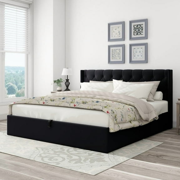 Upholstered Hydraulic Lift Up Storage Platform Bed,King Size,Black