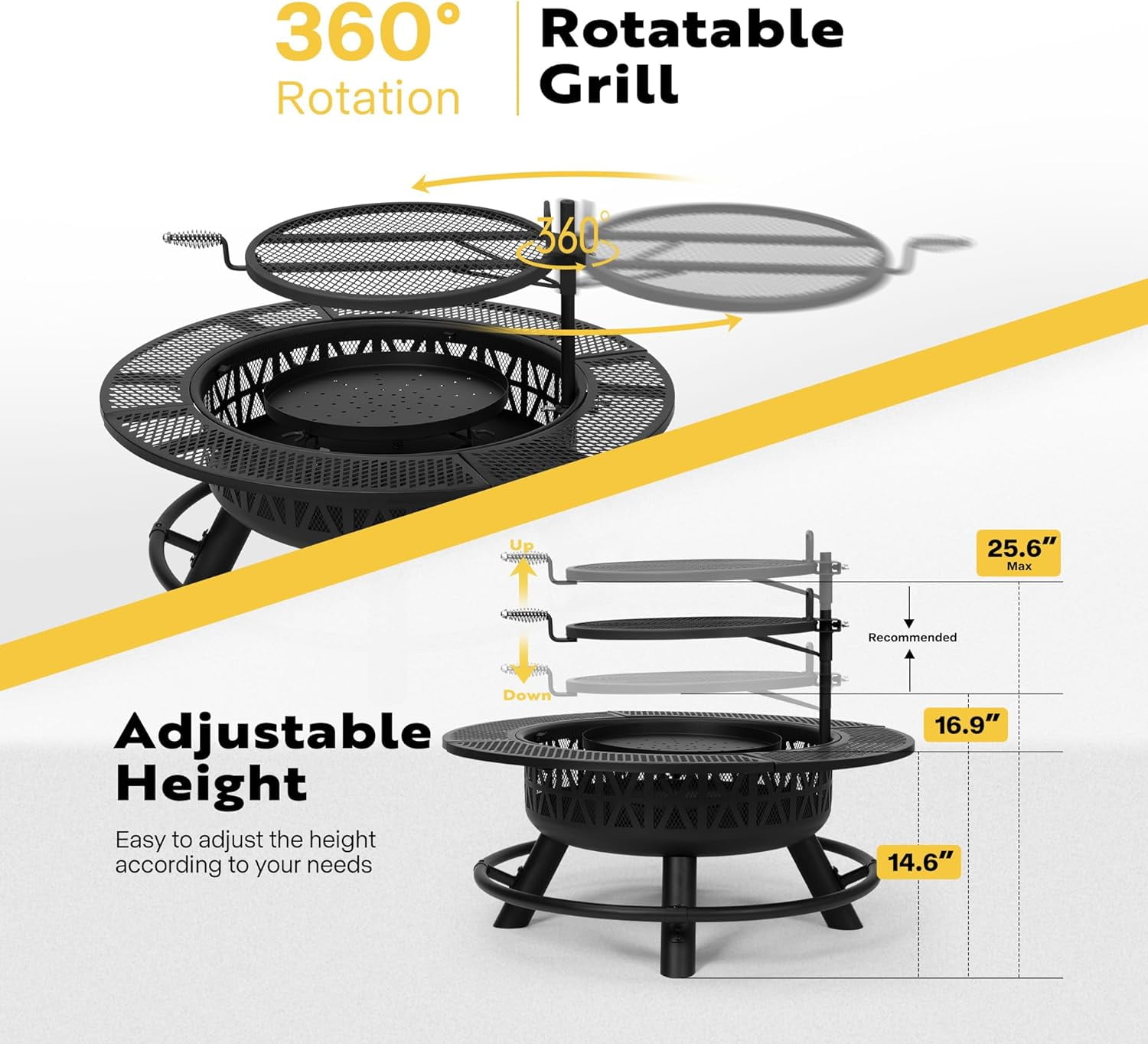 SPECSTAR 3-in-1 Fire Pit，35 in Wood Burning Firepits with Cooking Grill Grate & Charcoal Pan & Cover Lid, Metal Table for Backyard Bonfire BBQ Outdoor Camping Picnic