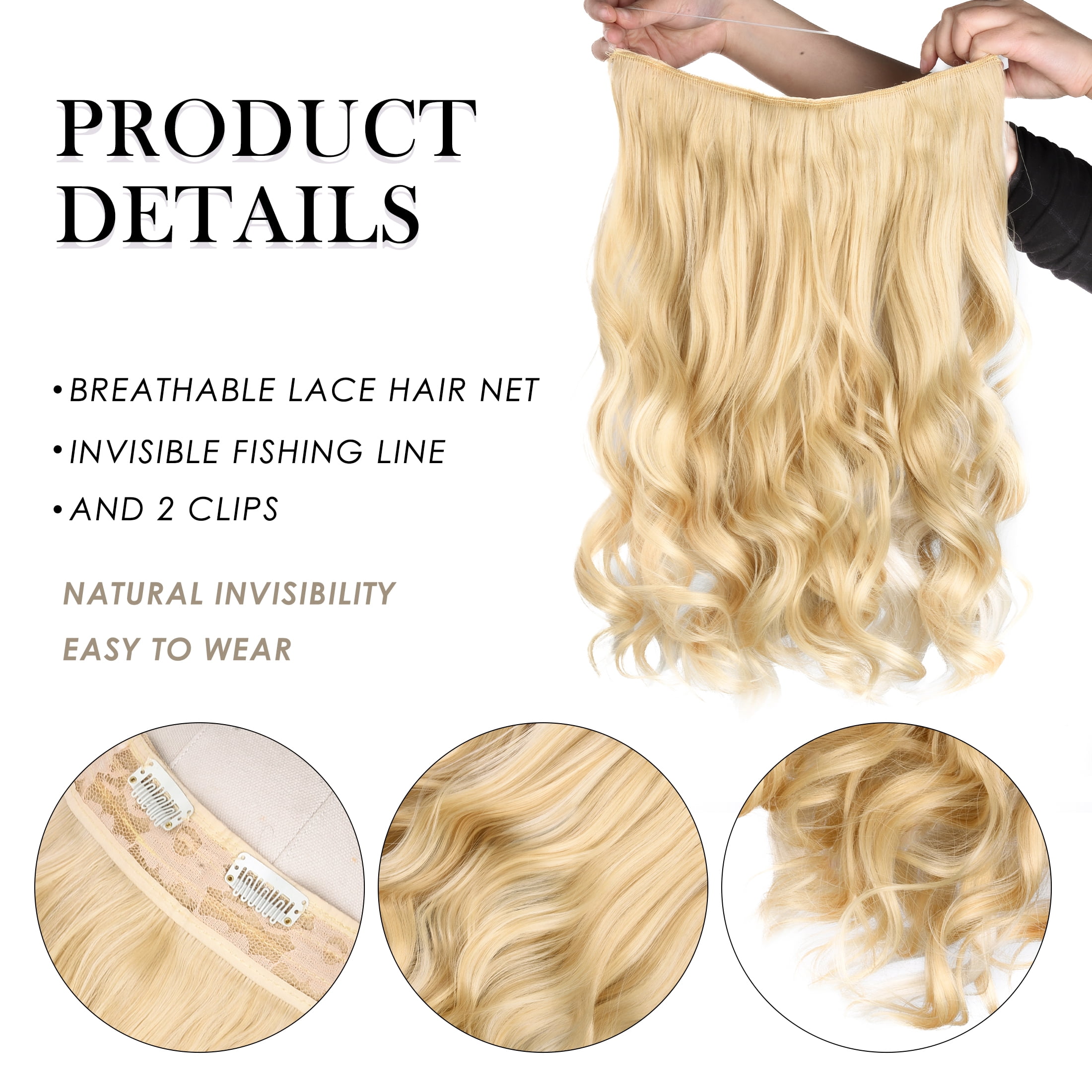 Silike 16" Fish Line Clip In Curly Hair Extensions  3 Piece Set (1 Large + 2 Small Wefts) for Flexible Styling Multi-Color Synthetic Fiber Hairpieces