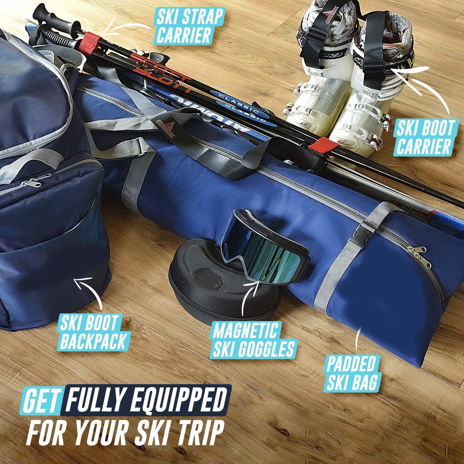 Adjustable Ski Bag with Padded Protection – Travel Ski Storage Bag Fits Most Skis – Durable Water-Resistant Snow Gear Carry Bag with Shoulder Strap