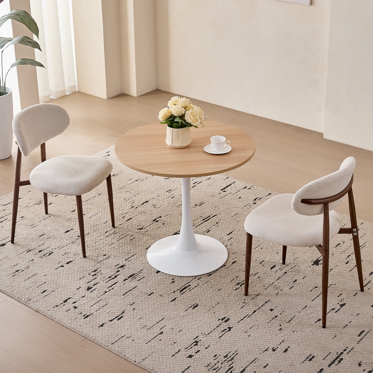 23.6" Round Dining Table for 2-4 Modern Circle Tulip Table with Metal White Tulip Pedestal Base for Kitchen Dining Living Room Apartment Small Space Cafe, Natural