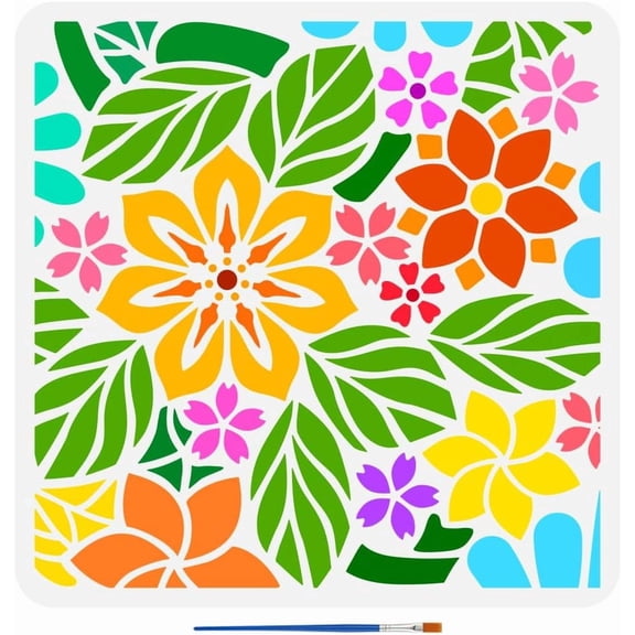 Flowers Stencils with a Paint Brush 11.8x11.8Inch Cherry Blossom Pattern Painting Stencils PET Daisy Template Leaves DIY Crafts Stencils Plant Themes Floral Template