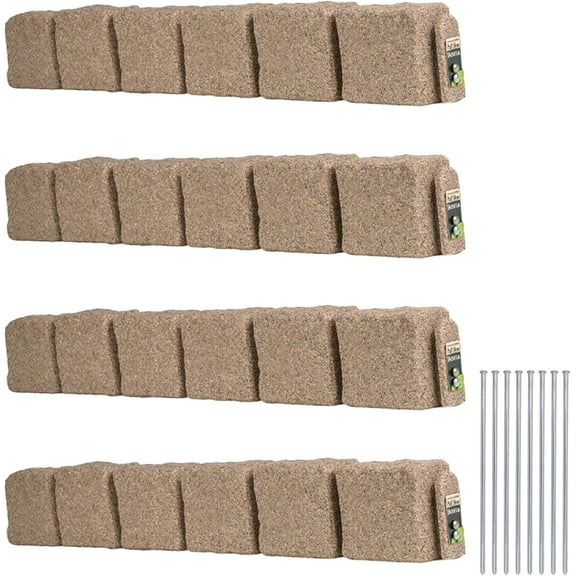 Beuta Landscape Edging | Garden Edging Border | Faux Stone Blocks for Lawn Edging, Flower Beds & Yard Edging – 4 Pack | Each Section Has 6 Blocks 48" L x 4" W x 6.5" H | 8 Spikes | Sandstone