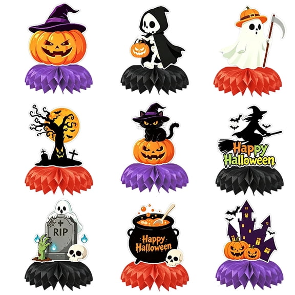 Nnndbs Halloween Honeycomb Centerpieces Table Decor, 9Pcs Pumpkin Ghost Skull Bat Honeycomb Ornaments for Party Table Topper`