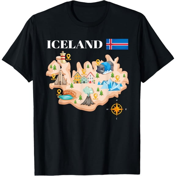 Iceland Map Souvenir Eyjafjallajokull Puffin Travel T-Shirt men and women can wear, black, white, gifts