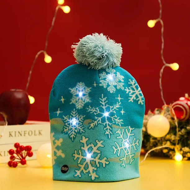 Gorro de Punto con Luz Led, Boina de Lana, Gorra de Tela de Jersey, Estampado de Dibujos, Papá Noel, Alce, Sombrero para Navidad, Accesorio para Año Nuevo, Regalo para Niños