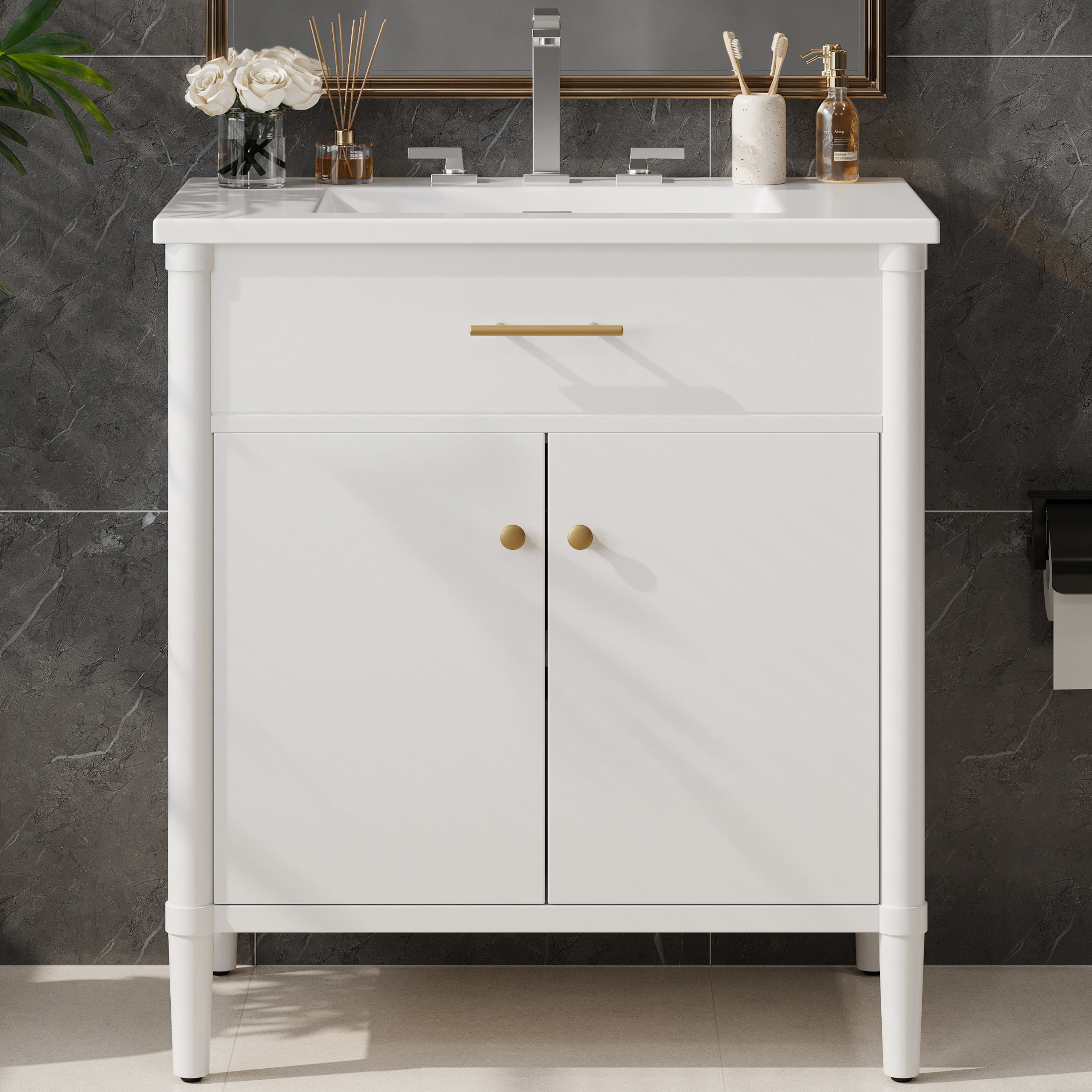 Euroco 31" Bathroom Vanity with Sink, Bathroom Cabinet with Soft Close Doors and Adjustable Shelf, Curved Profile Design, Rubber Wood Legs, White