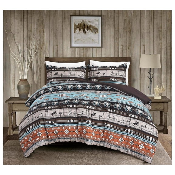 KeLiang Sawyer 3-Piece Southwestern Rodeo Comforter Set - Multicolor Blue Brown Beige Clay Printed Washed Microfiber Bedding, Queen