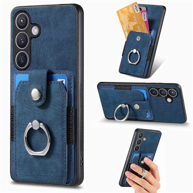 For Samsung Galaxy S25 Phone Case Leather Back Cover with Card Slots Kickstand - Blue