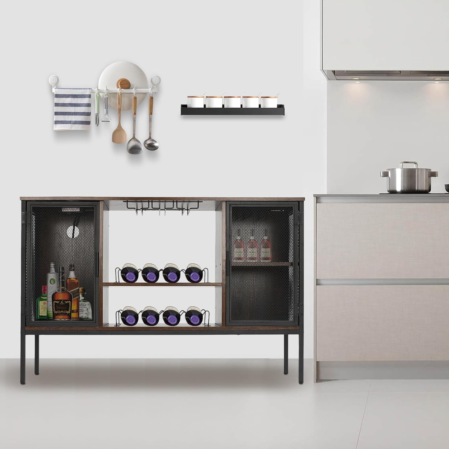 Wine Bar Cabinet with Built-in Outlets, Industrial Bar Cabinets for Liquor and Glasses, Farmhouse Mini Coffee Bar Liquor Cabinet Bar for Home with Removable Wine Racks, Brown