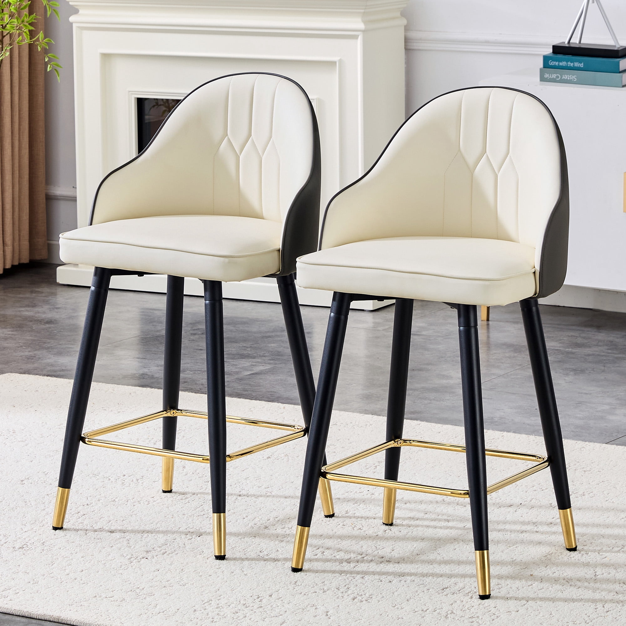 Mintazer Modern Bar Stools Set of 2, Waterproof PU Leather Bar Stool with Backrest & Gold Accent Footrest, Counter Height Bar Chairs for Kitchen Island, Black & White