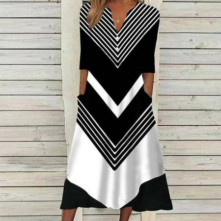 

ELFINDEA Dresses Women s Fashion Casual Temperament Loose Striped Print Black L