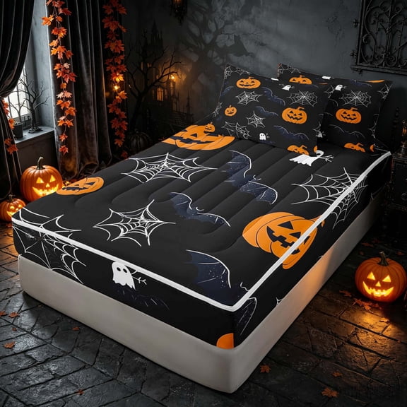 Homewish Halloween Ghost Bat Zipper Twin Comforter Sets with Fitted Sheet and 2 Pillowcases, Spider Web Pumpkin Zipper Bedding Set, Black Orange, Black Reversible