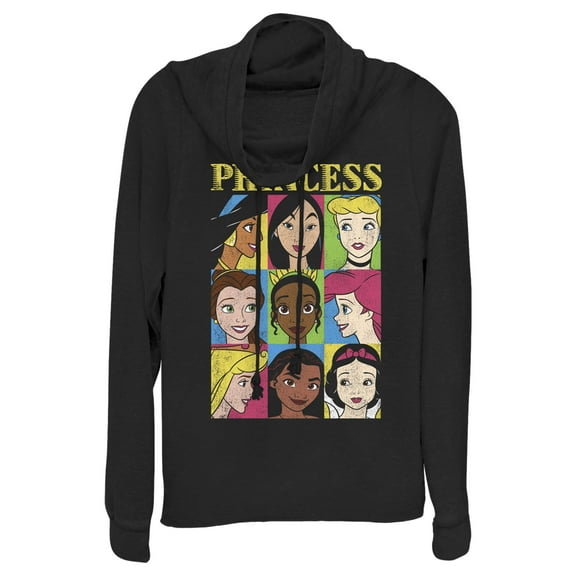 Junior's Disney Princess Distressed Close-Up Poster Cowl Neck Sweatshirt Black 2X Large