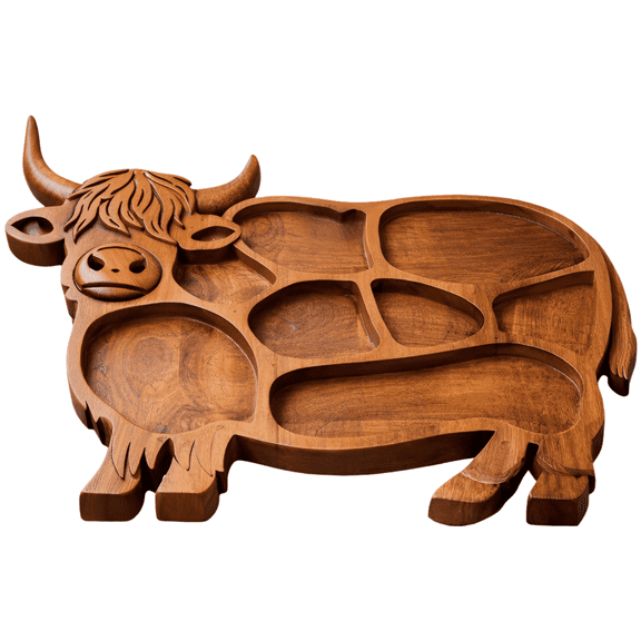 Highland Cow Charcuterie Board, Wooden Serving Tray, Cow Shaped Food Platter, Multi-Compartment Design, Raised Edges, Unique Farmhouse Home Decor Gift, 12.6 x 9.4 x 0.4 in