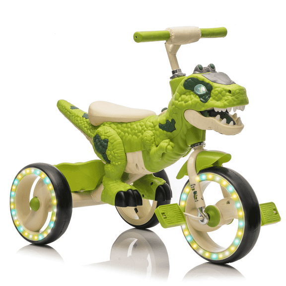 Ride on Dinosaur Tricycle for Kids, Toddlers Kid Trike Bike Big Wheel with EVA Wide Flash Wheels, Anti-slip Pedals & Handles, Rearward Storage Basket, Music, Lights, Toddler Bike for Age 3-5, Green