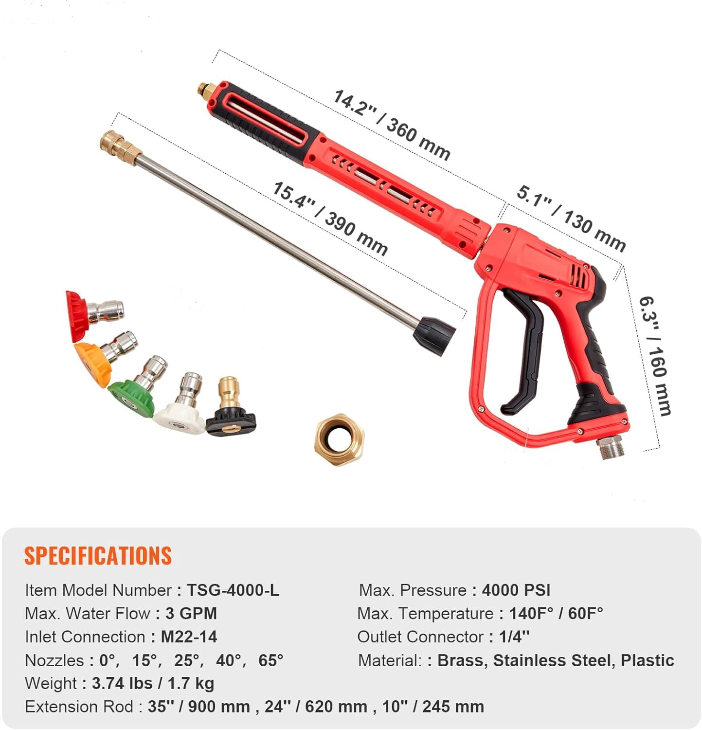 WASPPER Hochdruckreiniger Pistole – 4000 PSI / 275 Bar, Mit M22 Gewinde, Langlebig Aus Messing/Edelstahl