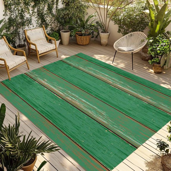 Green Wood Grain Outdoor Area Rug 3x5ft Decorative Indoor Outdoor Rug Rustic Vintage Wooden Patio Area Rug for Porch, Deck, Balcony, Entryway, Camping & RV