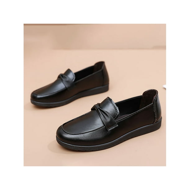 Woobling Women Loafers Flat Work Shoe Round Toe Casual Shoes Lightweight Leather Flats Travel Nonslip Slip On Black 6.5