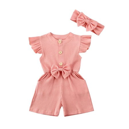 

GRNSHTS Toddler Baby Girls Summer Clothes Ruffle Bowknot Knit Romper Jumpsuit Headband Outfits (Pink 2T)