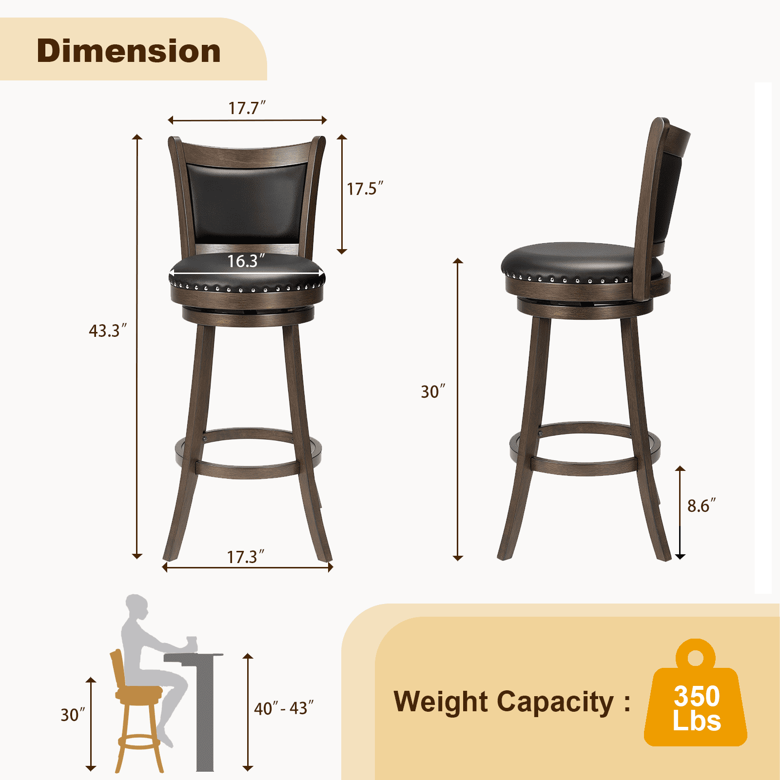 30 Inch Swivel Bar Stools Set of 2 Rotated Counter Height Barstool with High Back Leather Upholstered Kitchen Island Stools Chair for Home Bar, Black