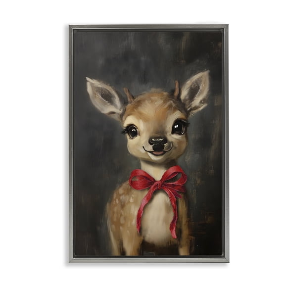 Stupell Industries - Spotted Fawn with Red Bow Gray Floating Frame Canvas Art, 21 x 31, Made In USA