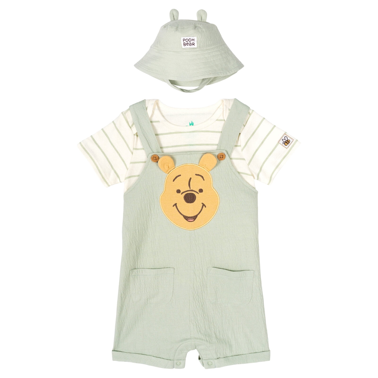 Disney Winnie the Pooh Baby Boys' Shortall and T-Shirt Set with Hat Pooh Light Green