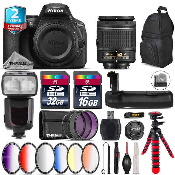 Nikon D5600 DSLR Camera + AF-P 18-55mm VR + Pro Flash + Battery Grip - 48GB Kit (International Version)