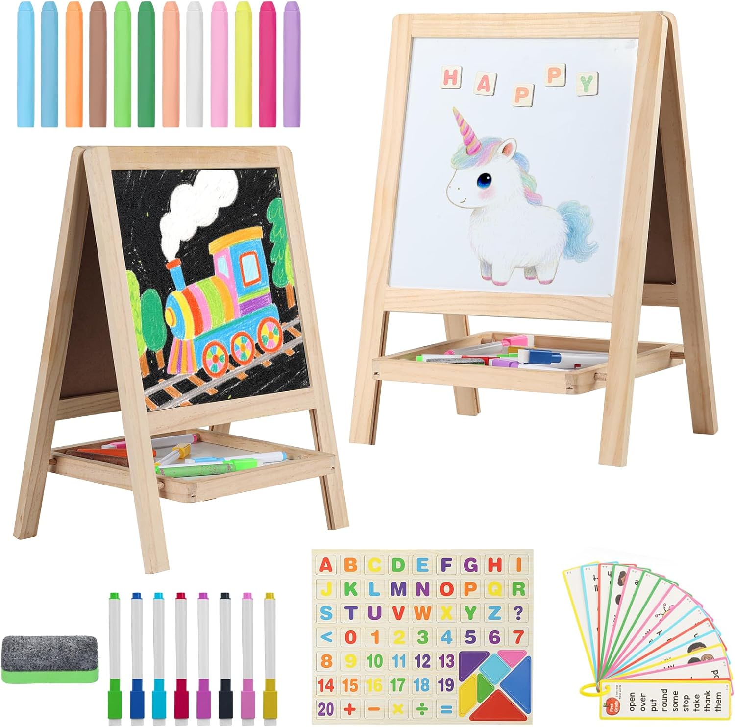 4-in-1 Tabletop Wooden Easel for 2-4-Year-Olds - Double-Sided Chalkboard & Whiteboard with Magnetic Letters/Numbers, Markers & Eraser