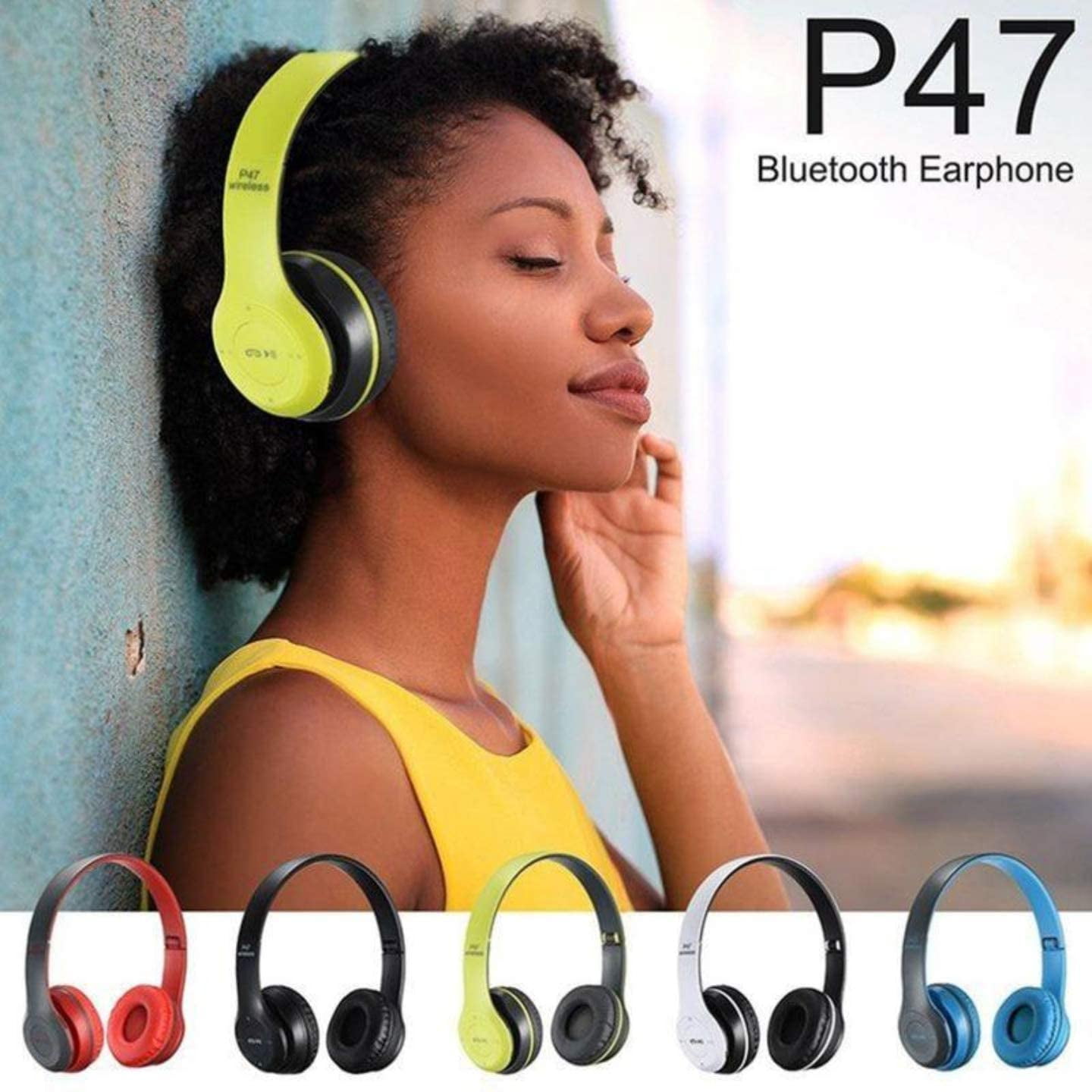 Wireless Headphones, P47 Bluetooth Over Ear Foldable Headset with Microphone Stereo Earphones Support FM Radio TF for PC TV Smart Phones-Black