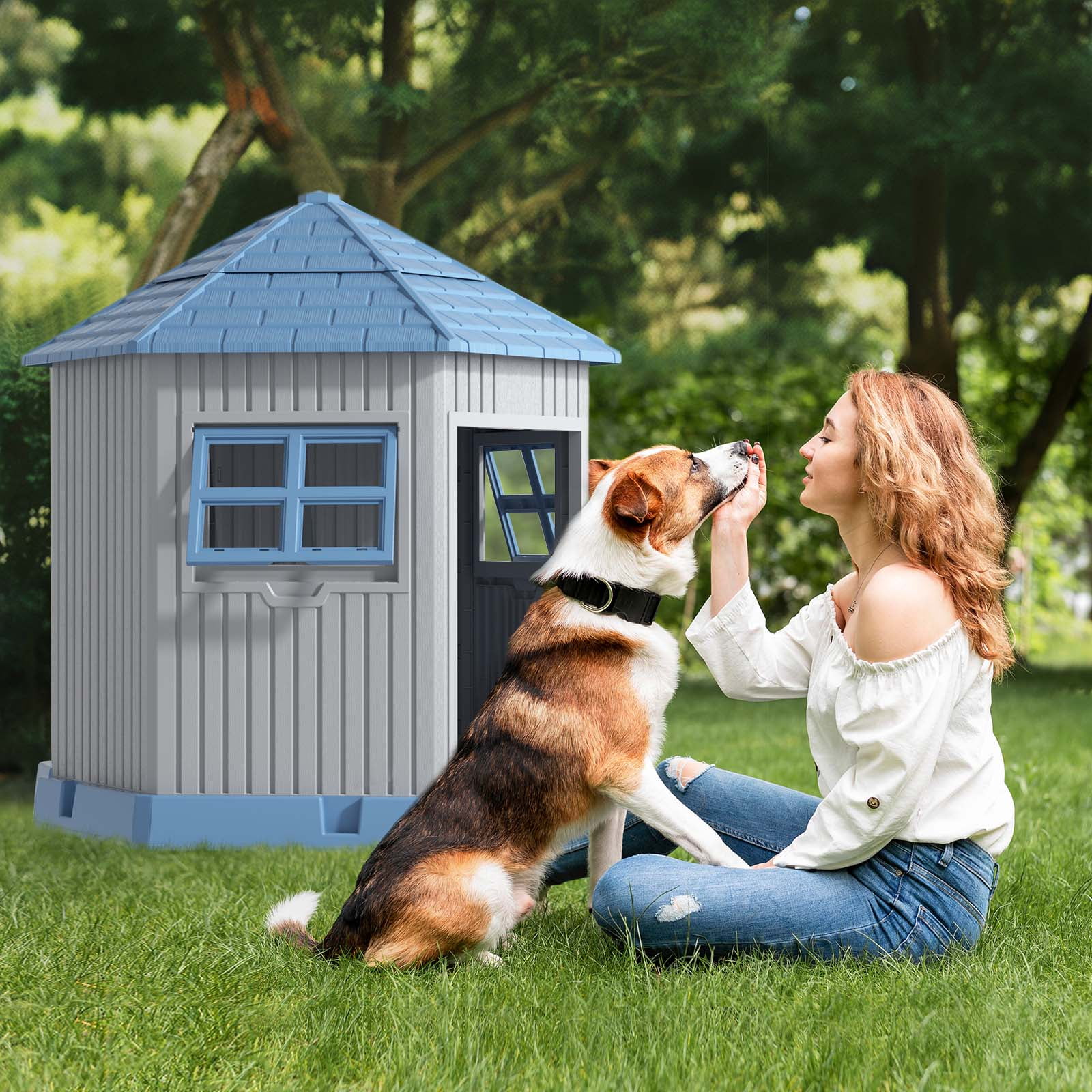 EasyUp Dog House Indoor Outdoor Durable Large Dog Shelter with Outside Dog Kennel with Window and Elevated Floor for Small Medium Dogs (Blue&Grey, 34.8 * 30.51 * 36.89)