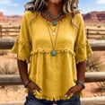 thumbnail image 2 of Nestiefly Womens Linen Tops Summer Casual Short Sleeve V Neck Shirts Fringe Retro Cotton Linen Blouses Raw Hem Beach Clothes Yellow 3XL, 2 of 6