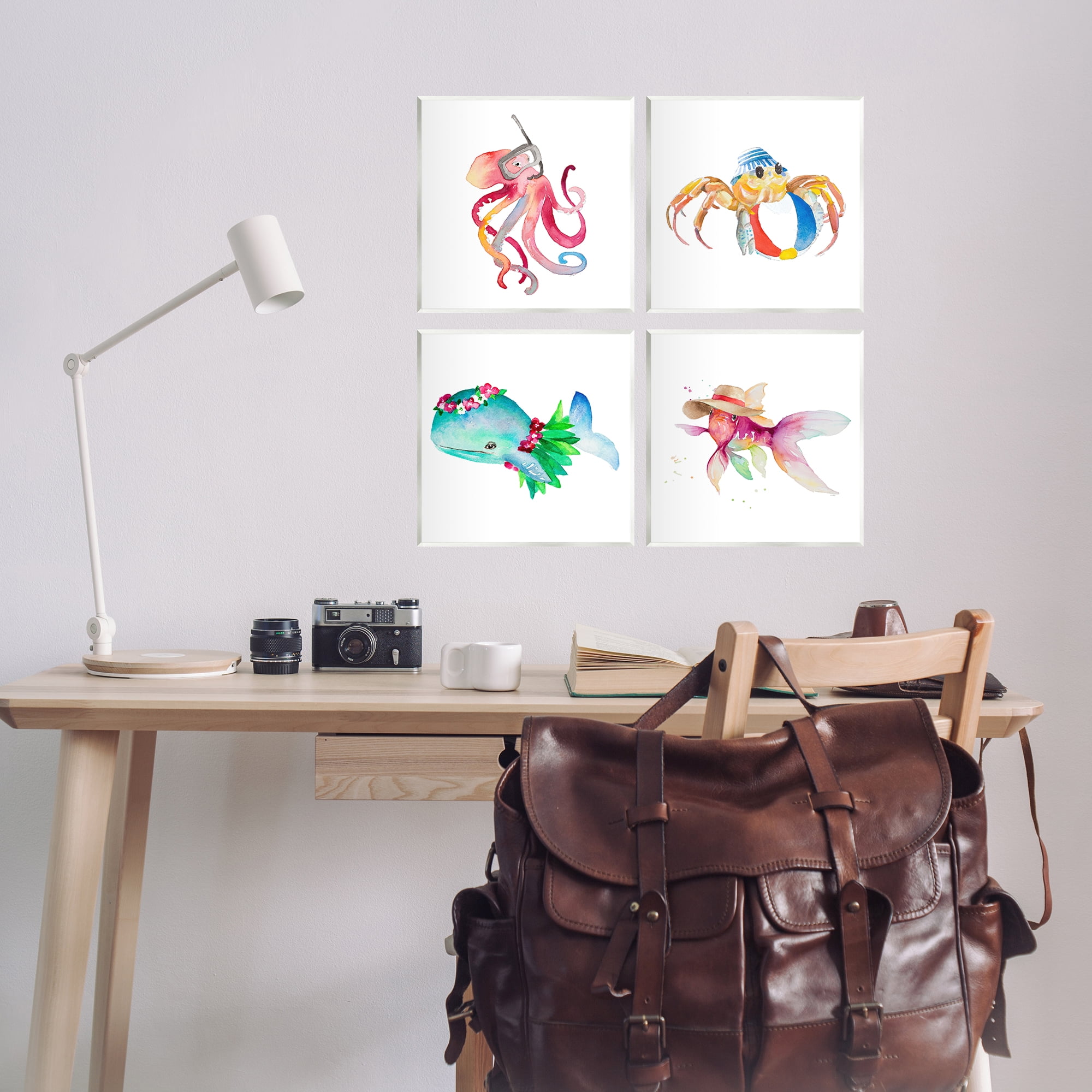 Stupell Industries Sea Creatures at Beach Nautical & Beach Painting Unframed Art Print Wall Art, 12 x 12, Set of 4