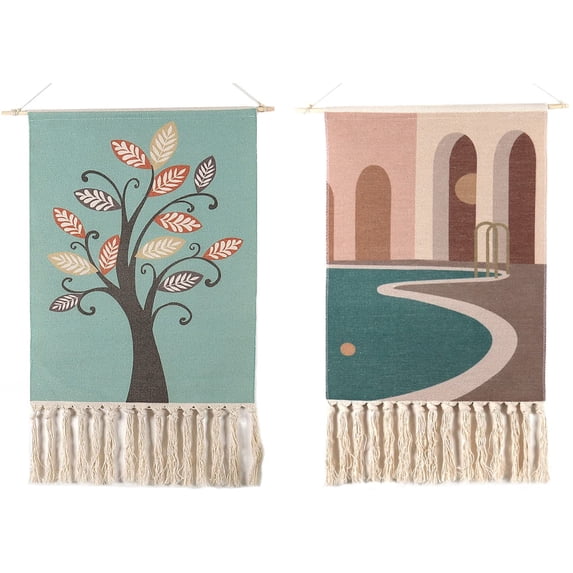 Maydear Macrame Woven Wall Hanging Tapestry- Boho Chic Bohemian Geometric Art Decor - Beautiful Apartment Dorm Room Door Decoration-2 Set, 19.7"W×35.4"L