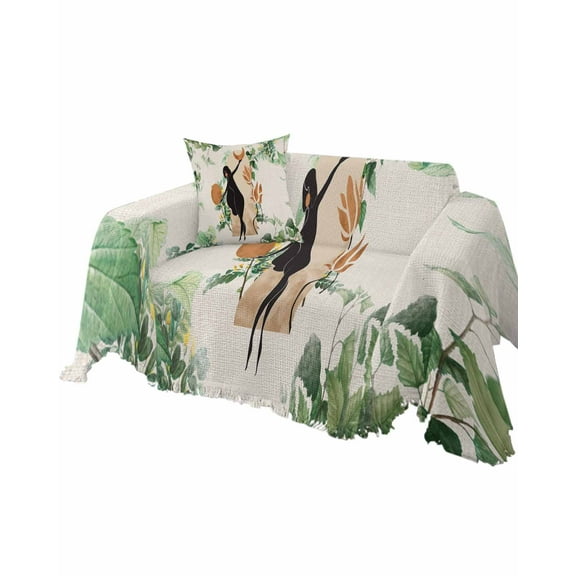 Boho Art,Abstract Tropical Leaves Green Brown Sofa Couch Covers for Dog,Washable Sectional Couch Slipcovers for Loveseat with Tassels,Non Slip Sofa Throw Cover Blanket Large 71''x102''