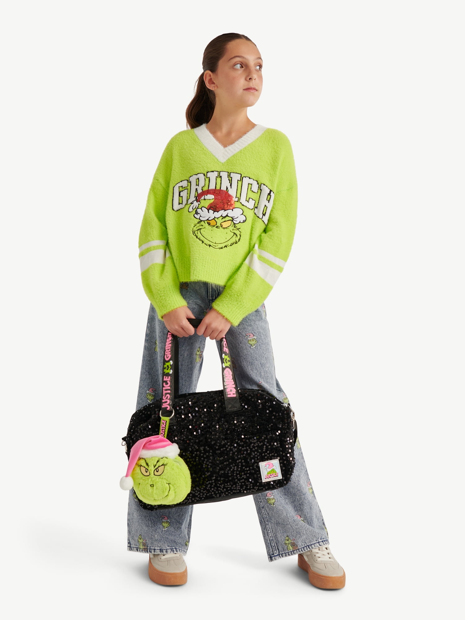 Justice Girls Grinch Sparkle Duffle with Plush Bag Charm, Black