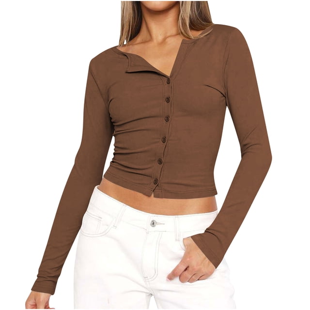 Yuyuzo Long Sleeve Shirts for Women Button down Slim Fitted Solid Color Basic Crop Going out Tops