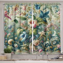 Ambesonne Jungle Floral Kitchen Curtains, Medieval Style Bloom, 55"x45", Green Multicolor