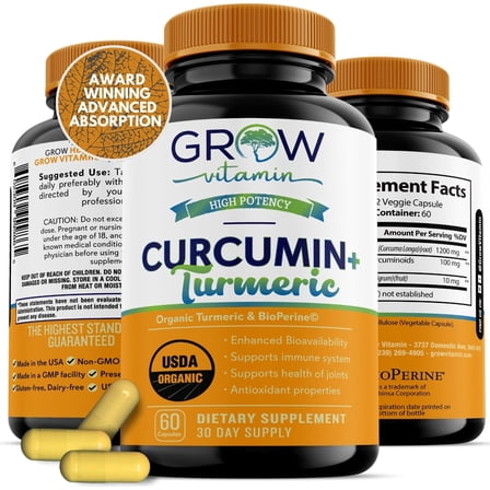 Grow Vitamin Organic Turmeric Curcumin Supplement 1500mg with BioPerine, 95% Curcuminoid Extract, 60 Vegan Capsules
