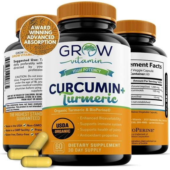 Grow Vitamin Organic Turmeric Curcumin Supplement 1500mg with BioPerine, 95% Curcuminoid Extract, 60 Vegan Capsules