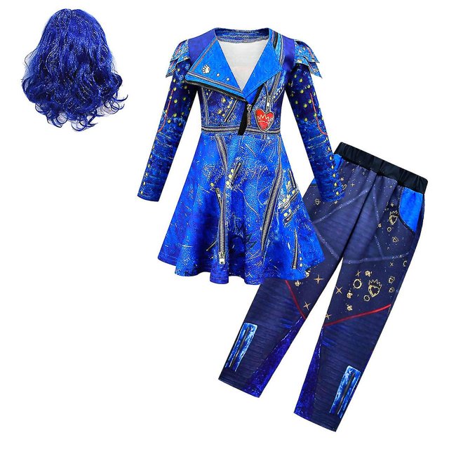 Conjunto de disfraces de Audrey azul para niña, disfraces de Halloween para fiesta infantil, disfraces de Cosplay de los descendientes 3 de Evie, vestido, pantalones, peluca